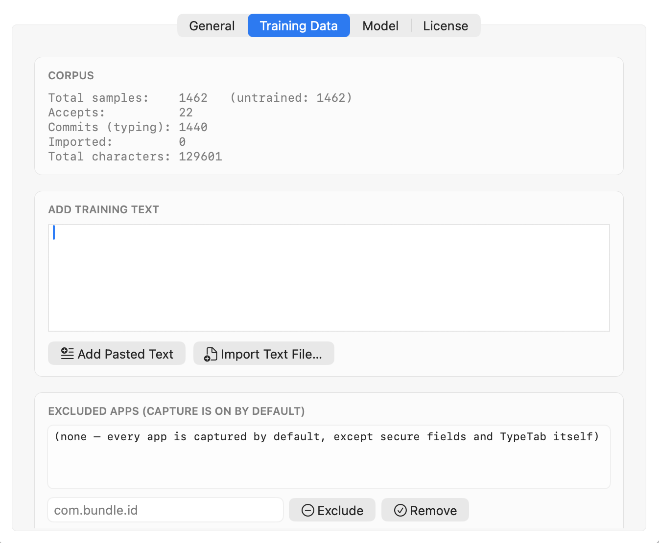 TypeTab Settings on the Training Data tab: a corpus summary at the top listing total samples, accepts, commits and characters; an empty 'Add Training Text' text box in the middle; and 'Add Pasted Text' and 'Import Text File' buttons directly beneath it.